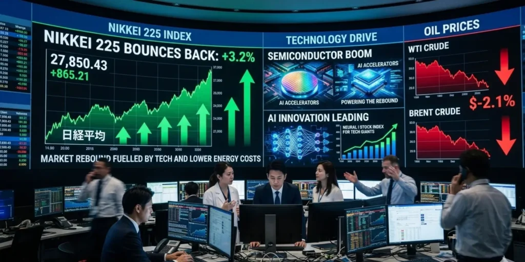 Nikkei 225 rebound driven by tech and AI stocks after falling oil prices improve investor sentiment in Japan.