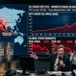 Oil price chart rising above $115 with global map and falling stock market graphs, showing impact of Middle East conflict on markets.