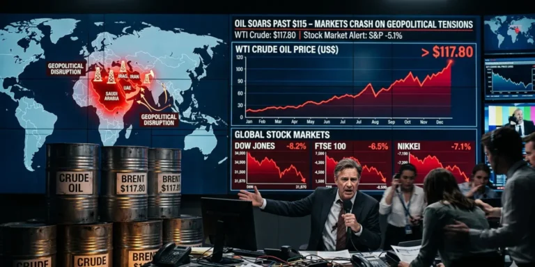 Oil price chart rising above $115 with global map and falling stock market graphs, showing impact of Middle East conflict on markets.