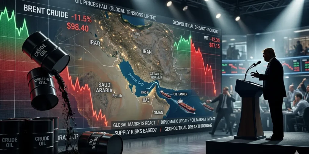 Oil price chart dropping with tankers in the Strait of Hormuz and a political figure indicating Iran peace talks impacting markets