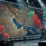 Oil price chart dropping with tankers in the Strait of Hormuz and a political figure indicating Iran peace talks impacting markets