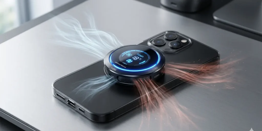 OnePlus Magnetic Ice Cooling Clip attached to a smartphone, showing LED indicator and cooling airflow.