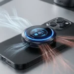 OnePlus Magnetic Ice Cooling Clip attached to a smartphone, showing LED indicator and cooling airflow.