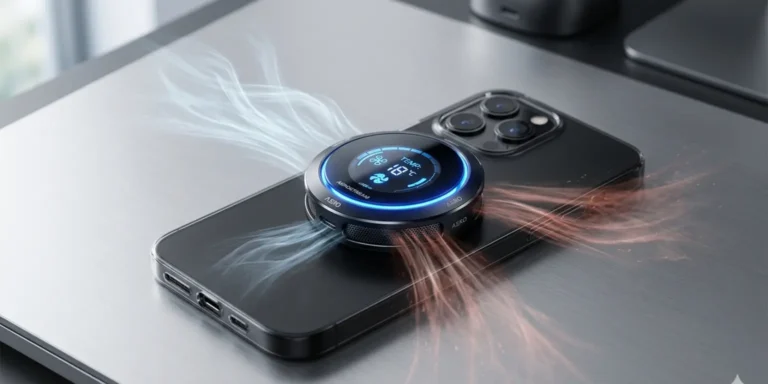 OnePlus Magnetic Ice Cooling Clip attached to a smartphone, showing LED indicator and cooling airflow.