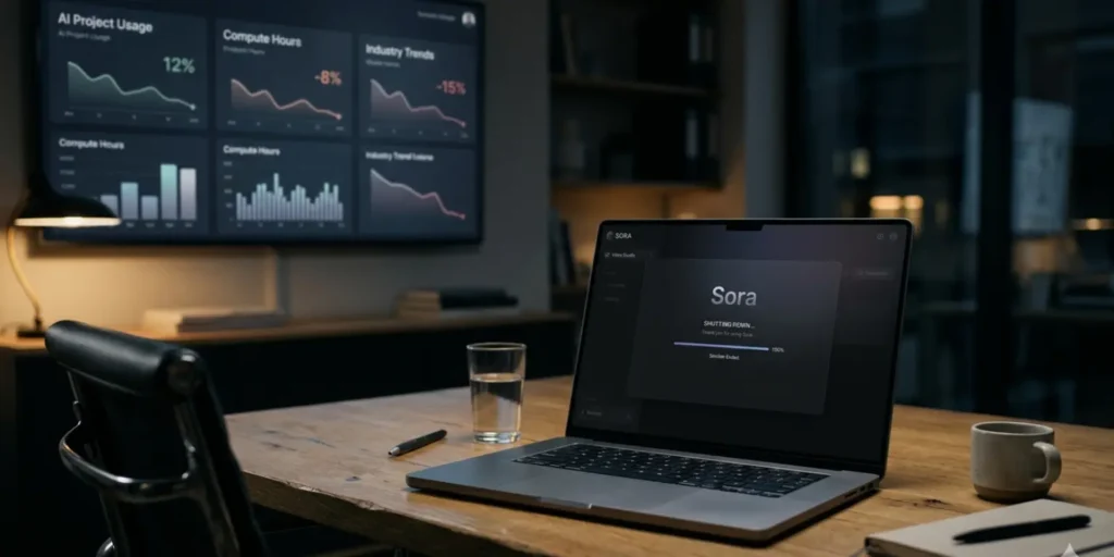 Laptop displaying OpenAI Sora app shutting down with fading interface and declining graph, representing AI product closure and strategy shift.