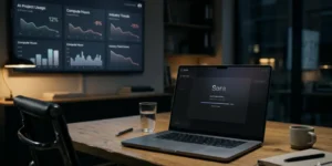 Laptop displaying OpenAI Sora app shutting down with fading interface and declining graph, representing AI product closure and strategy shift.