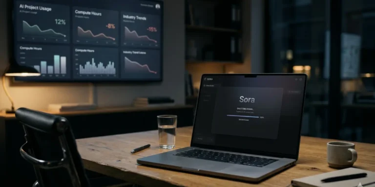 Laptop displaying OpenAI Sora app shutting down with fading interface and declining graph, representing AI product closure and strategy shift.