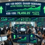 PSX KSE-100 Index surge showing bullish stock market trend with rising charts and strong investor activity in Pakistan.