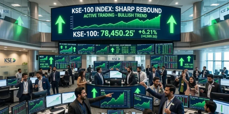 PSX KSE-100 Index surge showing bullish stock market trend with rising charts and strong investor activity in Pakistan.