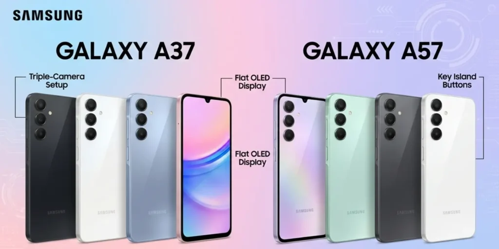 Samsung Galaxy A37 and A57 official renders with 6.7-inch OLED display, triple-camera layout, Key Island buttons, and full color variants.