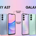 Samsung Galaxy A37 and A57 official renders with 6.7-inch OLED display, triple-camera layout, Key Island buttons, and full color variants.