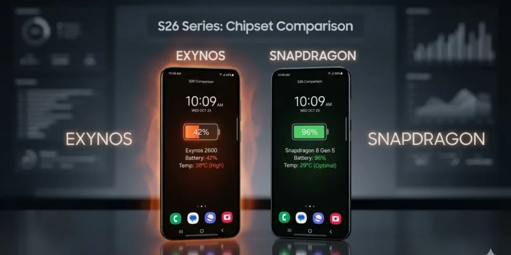 Samsung Galaxy S26 Exynos vs Snapdragon models displaying battery life difference with heat effect on Exynos version.