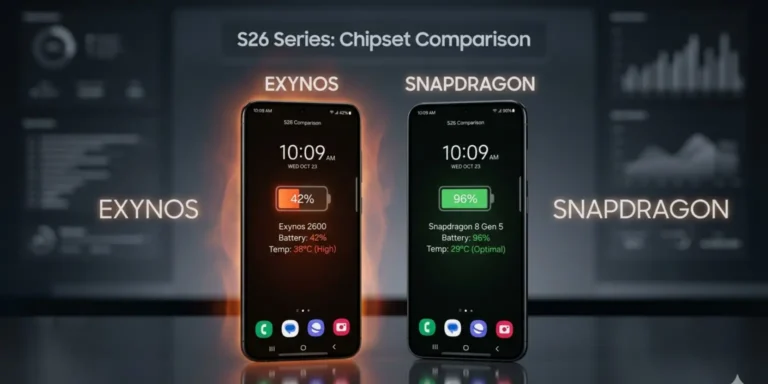 Samsung Galaxy S26 Exynos vs Snapdragon models displaying battery life difference with heat effect on Exynos version.