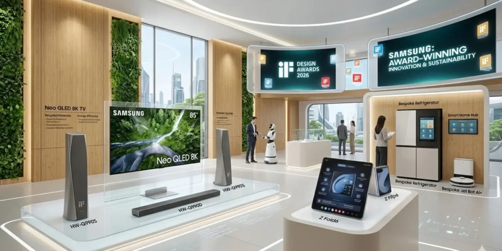 Samsung product design innovations including OLED TV, Galaxy Z Fold smartphone, and smart home technology recognized at the iF Design Awards 2026.
