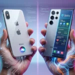 Apple and Samsung smartphones with glowing AI features illustrating competition in mobile artificial intelligence innovation