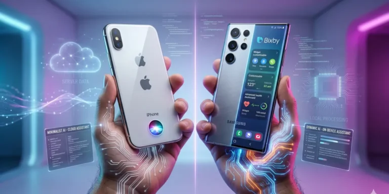 Apple and Samsung smartphones with glowing AI features illustrating competition in mobile artificial intelligence innovation