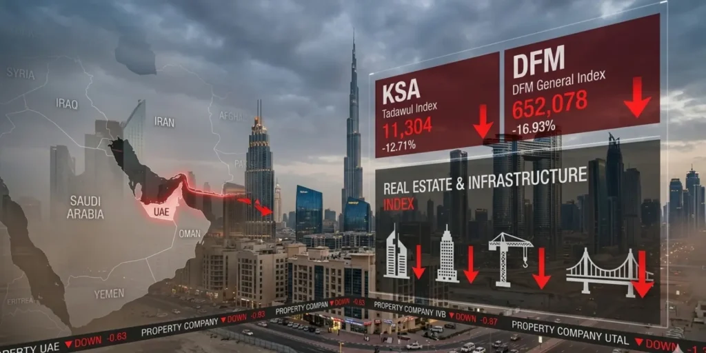 UAE stock market under pressure with real estate and infrastructure sectors declining due to ongoing Iran conflict and investor caution.