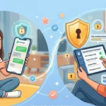 WhatsApp parental control system showing child account with safety settings and secure messaging interface.