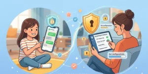 WhatsApp parental control system showing child account with safety settings and secure messaging interface.