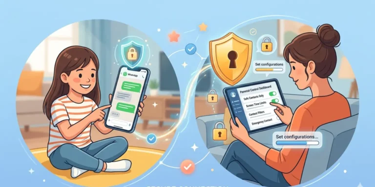 WhatsApp parental control system showing child account with safety settings and secure messaging interface.
