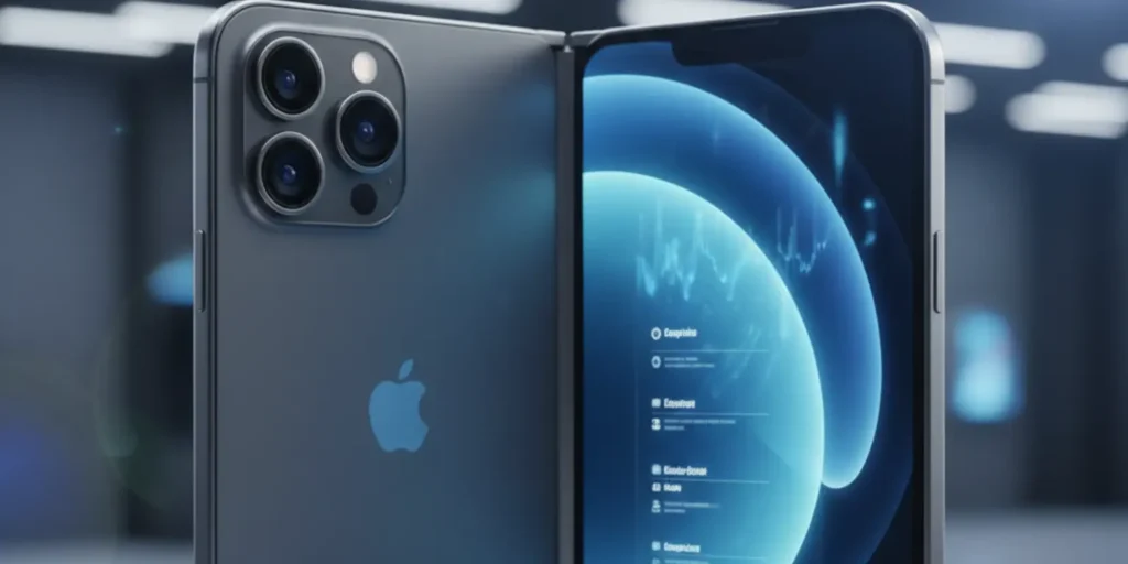 Apple iPhone Fold in book-style design, partially open showing large internal display and dual rear cameras, highlighting foldable smartphone innovation.