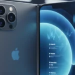 Apple iPhone Fold in book-style design, partially open showing large internal display and dual rear cameras, highlighting foldable smartphone innovation.