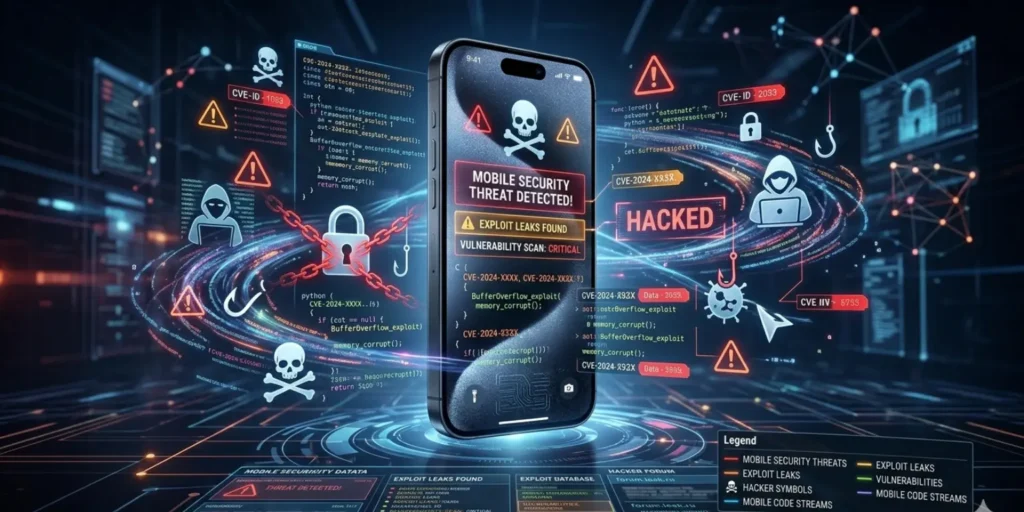 iPhone surrounded by code and warning symbols representing the leaked Coruna and DarkSword iOS exploits threatening mobile security.