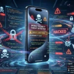 iPhone surrounded by code and warning symbols representing the leaked Coruna and DarkSword iOS exploits threatening mobile security.