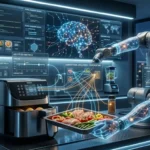 Robot using advanced AI to interact with kitchen appliances and perform tasks through learning and natural language instructions.
