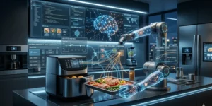 Robot using advanced AI to interact with kitchen appliances and perform tasks through learning and natural language instructions.
