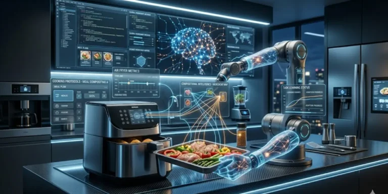 Robot using advanced AI to interact with kitchen appliances and perform tasks through learning and natural language instructions.