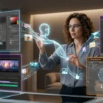 Adobe Firefly AI Assistant automating creative tasks across Photoshop, Premiere Pro, and Illustrator in a digital workspace