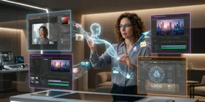 Adobe Firefly AI Assistant automating creative tasks across Photoshop, Premiere Pro, and Illustrator in a digital workspace