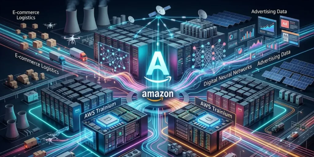 Amazon AWS data centers with glowing AI networks, Trainium chips, and digital advertising streams forming a connected cloud infrastructure ecosystem.