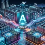 Amazon AWS data centers with glowing AI networks, Trainium chips, and digital advertising streams forming a connected cloud infrastructure ecosystem.