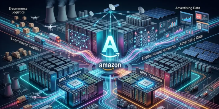 Amazon AWS data centers with glowing AI networks, Trainium chips, and digital advertising streams forming a connected cloud infrastructure ecosystem.