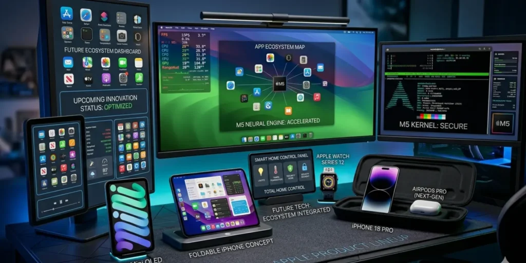 Apple's 2026 products including iPhone 18 Pro, foldable iPhone, MacBook M5, iPad Mini OLED, Apple Watch Series 12, and AirPods Pro with cameras