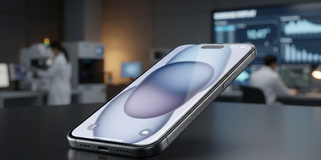 Apple iPhone with micro curved edge OLED display in a futuristic design setting with Samsung collaboration theme