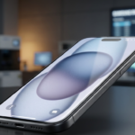 Apple iPhone with micro curved edge OLED display in a futuristic design setting with Samsung collaboration theme