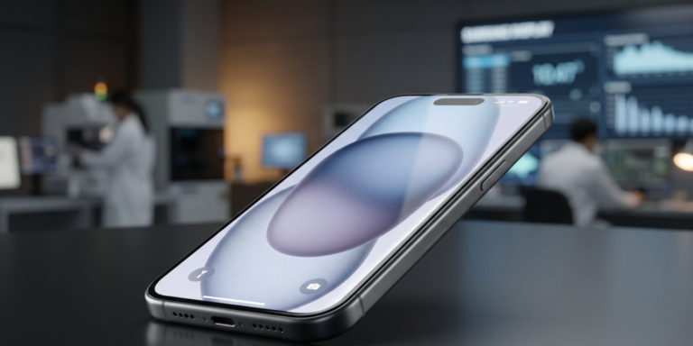 Apple iPhone with micro curved edge OLED display in a futuristic design setting with Samsung collaboration theme