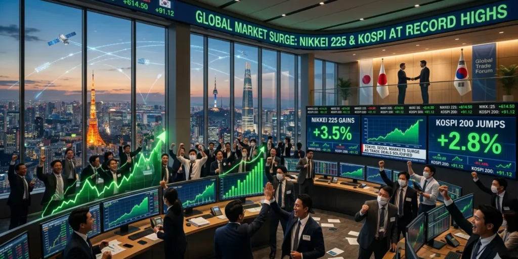 Asian stock market charts rising with Tokyo and Seoul skyline representing Nikkei and KOSPI surge after ceasefire news