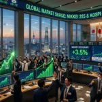 Asian stock market charts rising with Tokyo and Seoul skyline representing Nikkei and KOSPI surge after ceasefire news