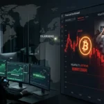 Bitcoin price below 71K with red charts showing market crash and investors reacting to geopolitical news