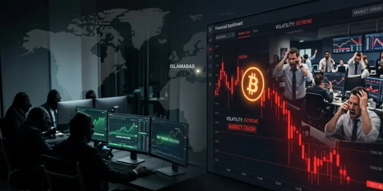 Bitcoin price below 71K with red charts showing market crash and investors reacting to geopolitical news