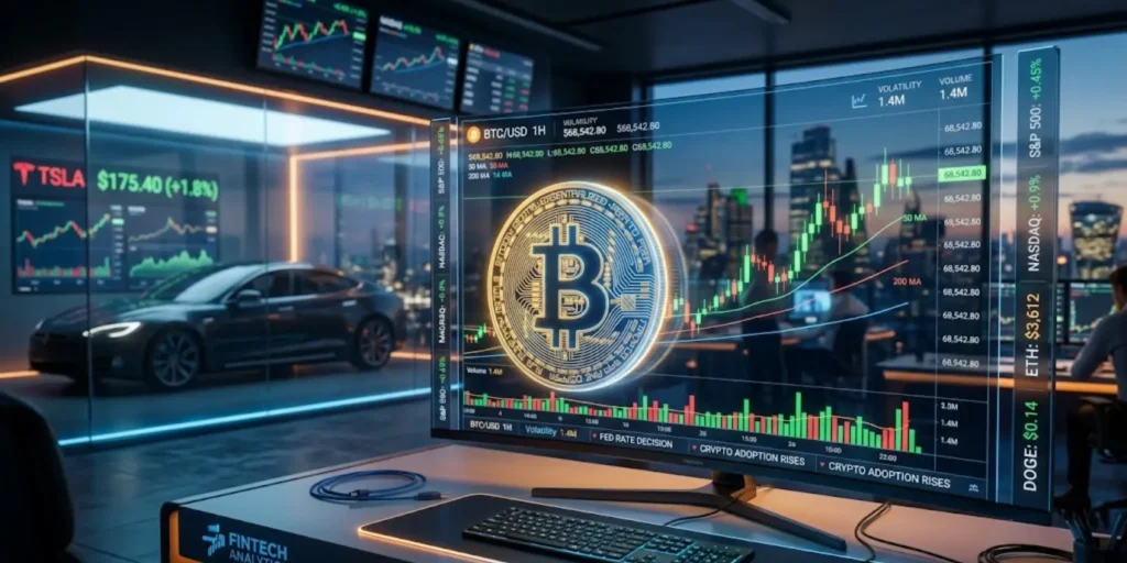 Bitcoin price chart showing stability above 78000 with Tesla influence and market data background