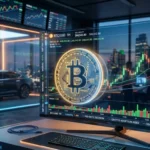 Bitcoin price chart showing stability above 78000 with Tesla influence and market data background