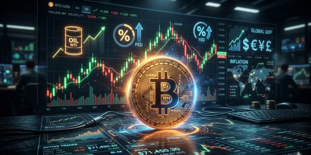 Bitcoin price chart showing volatility in 2026 with ETF inflows, market fear, and macroeconomic factors influencing BTC price