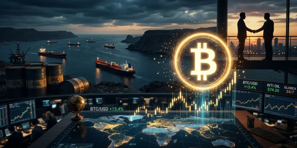 Bitcoin symbol rising with oil barrels and global market charts representing geopolitical impact on crypto