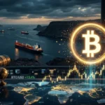 Bitcoin symbol rising with oil barrels and global market charts representing geopolitical impact on crypto