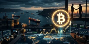 Bitcoin symbol rising with oil barrels and global market charts representing geopolitical impact on crypto